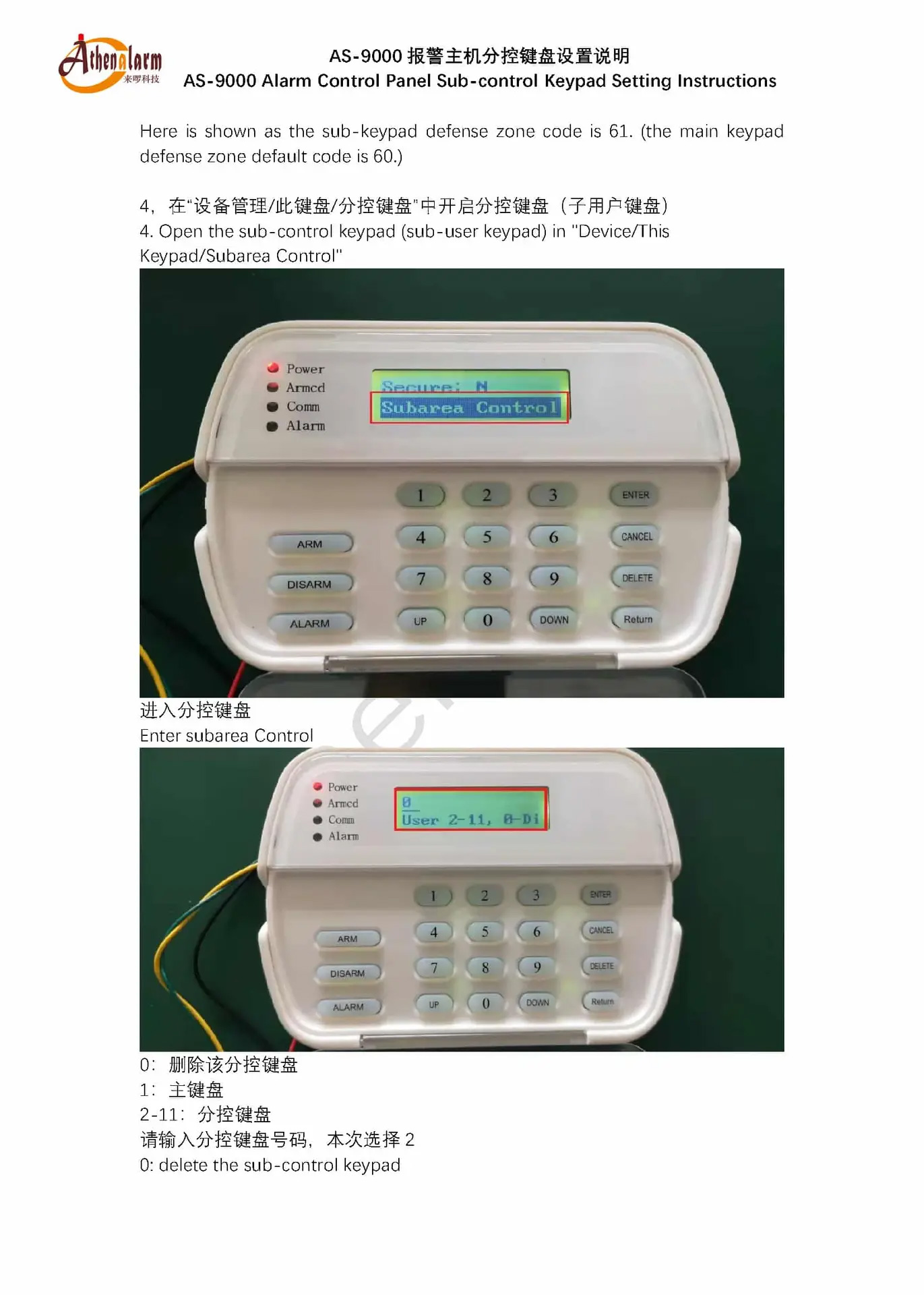 Athenalarm AS 9000 Alarm Control Panel Sub control Keypad Setting Instructions 4