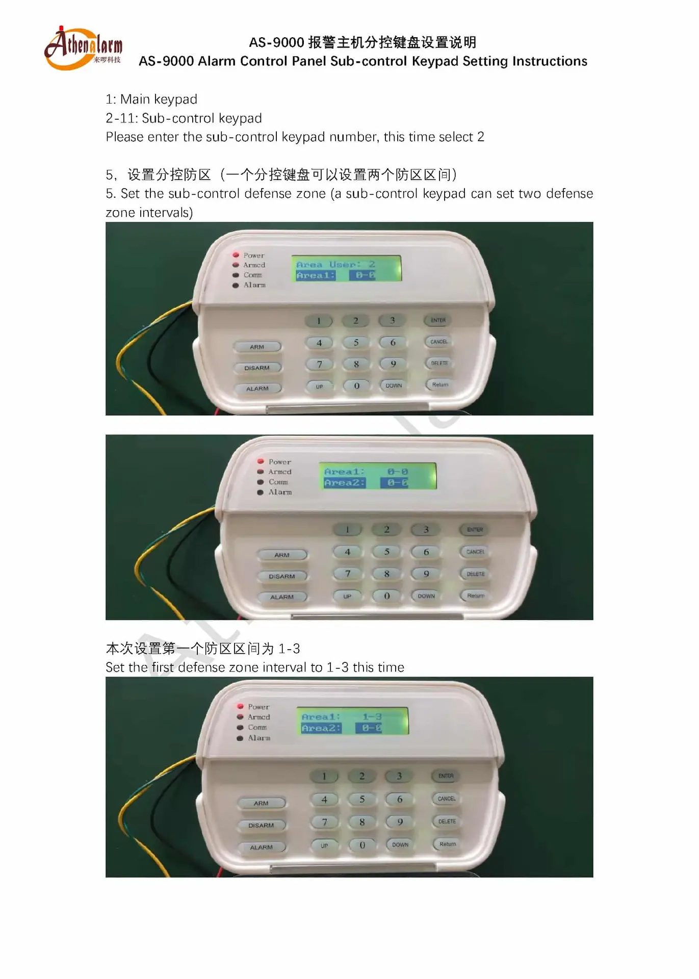 Athenalarm AS 9000 Alarm Control Panel Sub control Keypad Setting Instructions 5