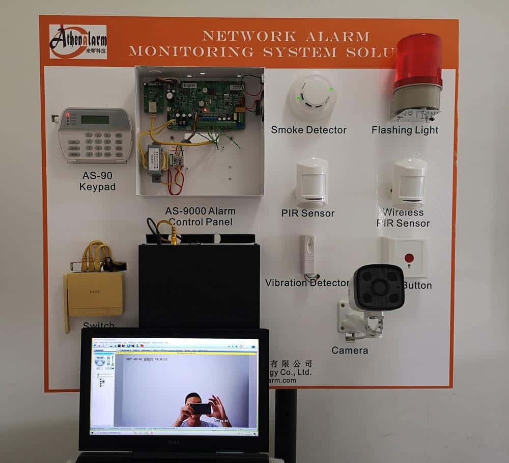 Network Alarm Monitoring System Application 13 Athenalarm network alarm monitoring system exhibition board demonstrating integrated alarm monitoring, CCTV linkage, and online testing platform