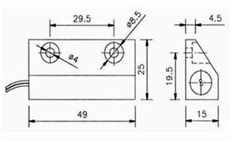باب الاتصال 3 مخطط الأبعاد الفنية لمستشعر اتصال الباب ذو التركيب السطحي AA-56 (49x25x15 مم)