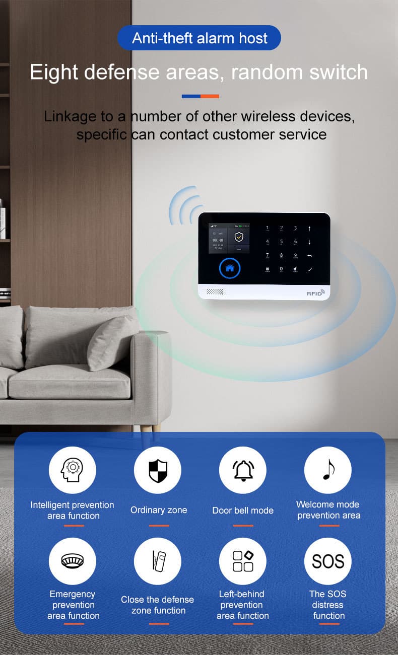 GSM/4G WIFI Alarm System 9 Smart GSM WiFi anti-theft alarm host panel with 8 customizable defense zone modes and wireless linkage for home security