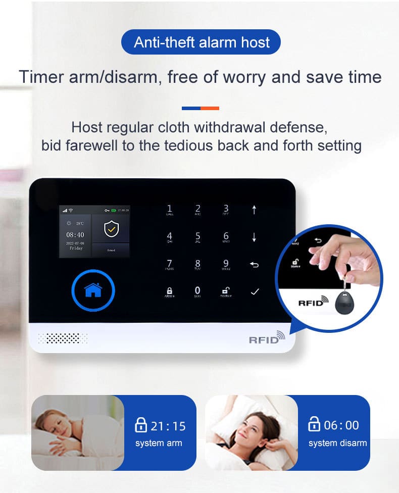 GSM/4G WIFI Alarm System 10 Smart home GSM WiFi anti-theft alarm system host panel with automatic timer arm and disarm scheduling and RFID key fob reader feature for home security.