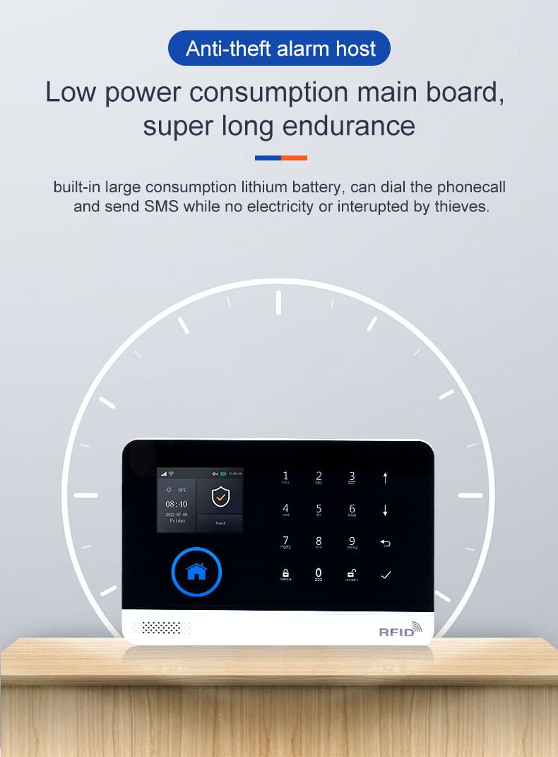 GSM/4G WIFI Alarm System 11 GSM WiFi anti-theft alarm host with low power consumption main board and built-in backup lithium battery for emergency SMS and phone calls during power outages.