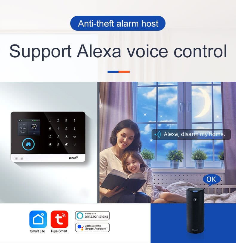 GSM/4G WIFI Alarm System 12 Smart home GSM WiFi anti-theft alarm system host supporting Alexa voice control and Google Assistant, compatible with Tuya Smart Life app.