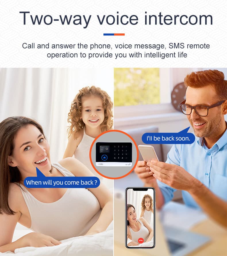 GSM/4G WIFI Alarm System 13 GSM WiFi smart home alarm system with two-way voice intercom feature, showing a father using a smartphone app to remotely communicate with his family through the security control panel.