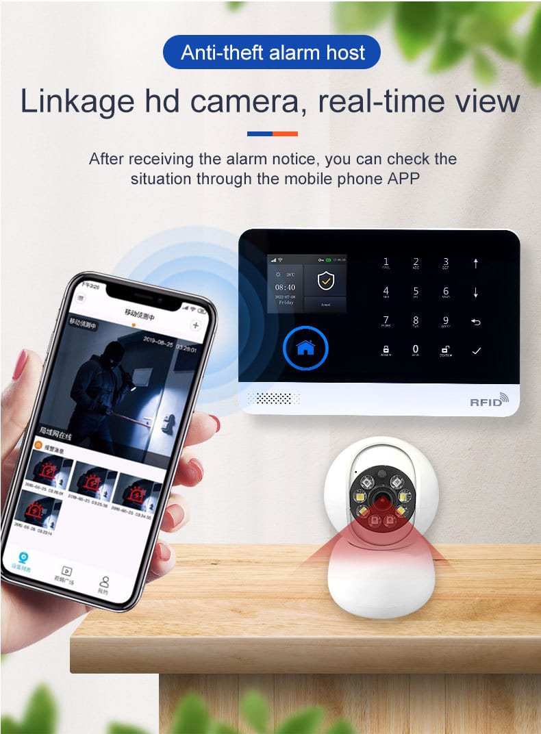 GSM/4G WIFI Alarm System 14 Smart GSM WiFi anti-theft alarm system host with linked HD security camera and mobile app real-time video monitoring.