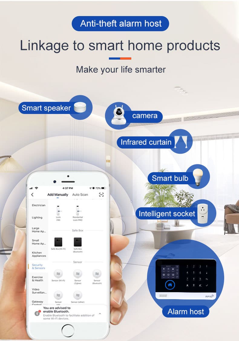 GSM/4G WIFI Alarm System 15 GSM WiFi anti-theft alarm system host linking with smart home automation devices including security camera, smart plug, and sensors via mobile app control.