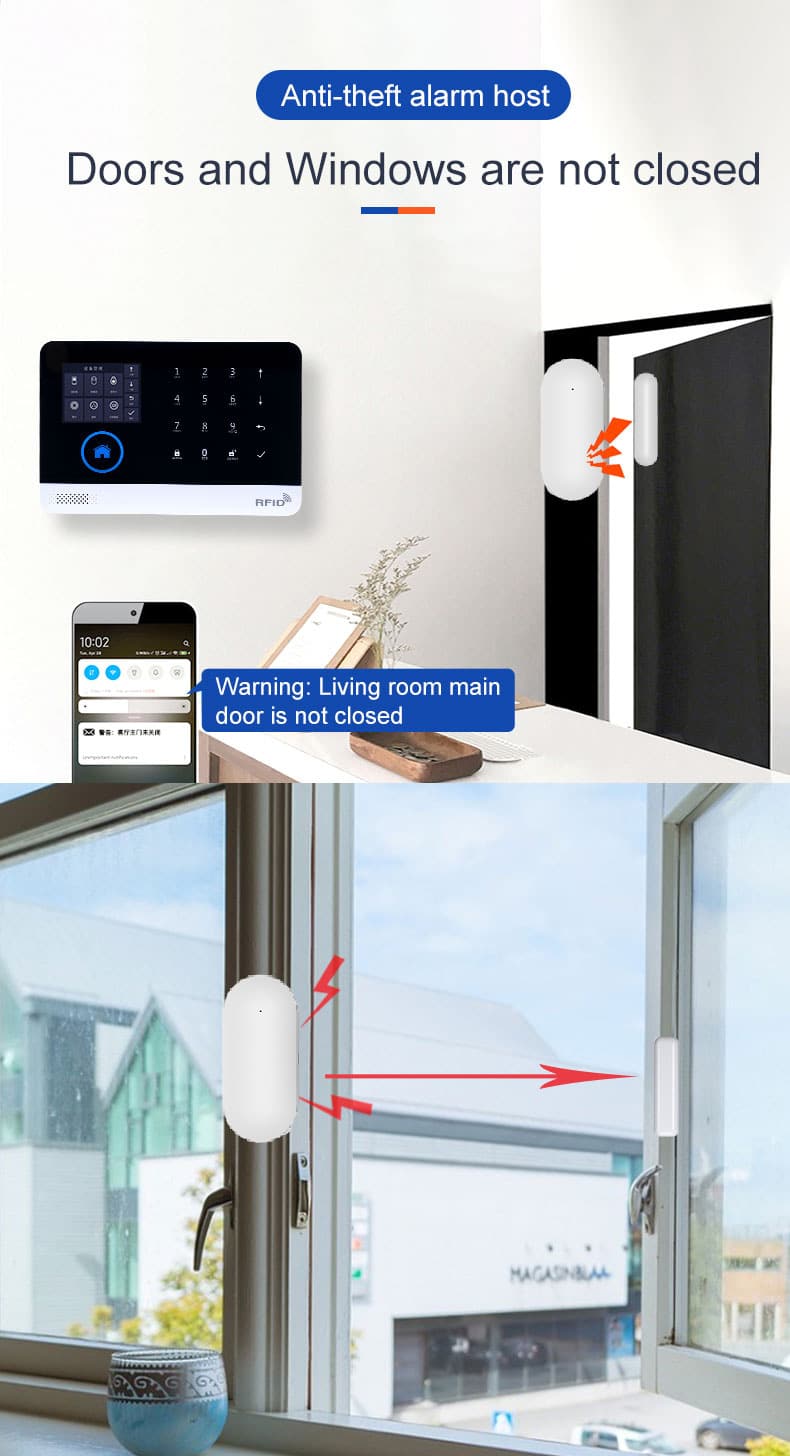 GSM/4G WIFI Alarm System 16 GSM WiFi smart home burglar alarm system with anti-theft host and wireless door window sensors sending unclosed door warning notification to smartphone app.