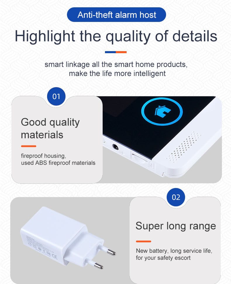 GSM/4G WIFI Alarm System 17 Smart home GSM WiFi anti-theft alarm system host features including fireproof ABS material housing and long battery life power adapter details