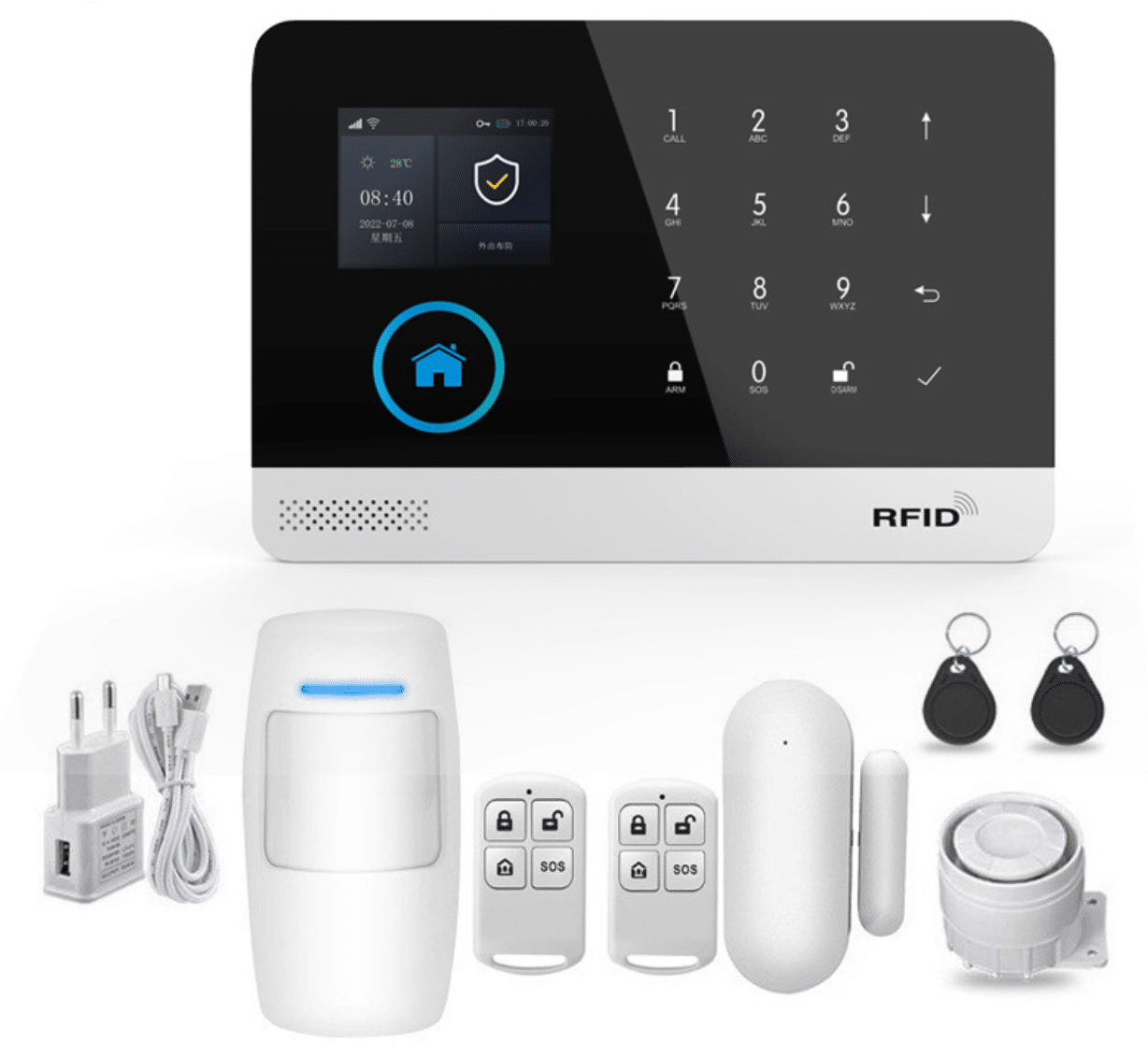 GSM/4G WIFI Alarm System 2 Athenalarm Tuya smart GSM/4G WIFI wireless alarm system kit including PIR motion sensor, door contact, and RFID tags.