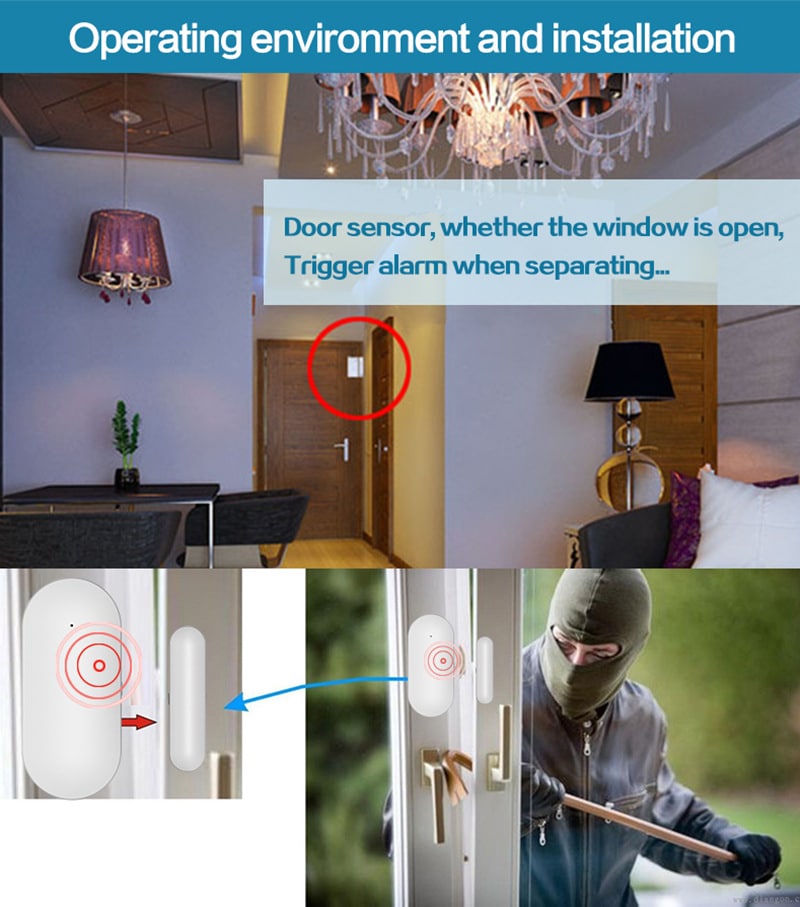GSM/4G WIFI Alarm System 19 Wireless door and window sensor installation for GSM WiFi smart home alarm system, showing magnetic contact sensor triggering alarm when separated by an intruder.