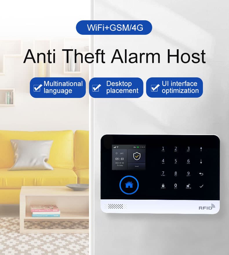 GSM/4G WIFI Alarm System 3 WiFi GSM 4G smart home anti theft alarm host panel with touch keypad, optimized UI screen, and RFID reader support for wireless home security.