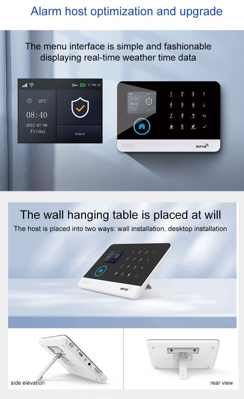 GSM/4G WIFI Alarm System 6 Athenalarm smart home security system host featuring a modern menu interface with real-time weather, RFID support, and dual installation modes for wall or desktop setup.