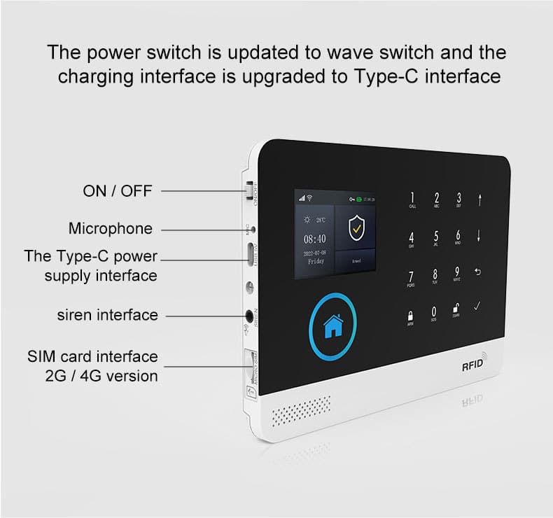 GSM/4G WIFI Alarm System 7 Smart GSM Wi-Fi alarm system control panel with Type-C power interface, wave switch, and 2G 4G SIM card slot.