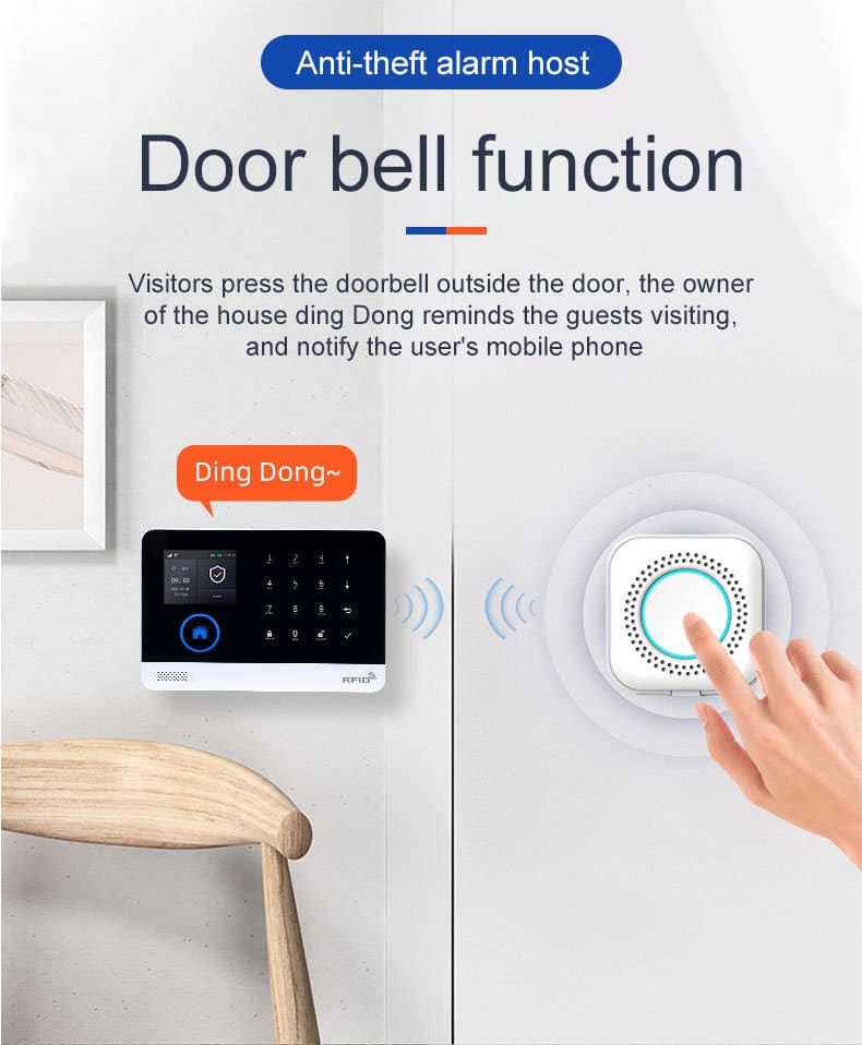 GSM/4G WIFI Alarm System 8 Smart GSM WiFi anti-theft alarm system host with wireless doorbell function and mobile notification.